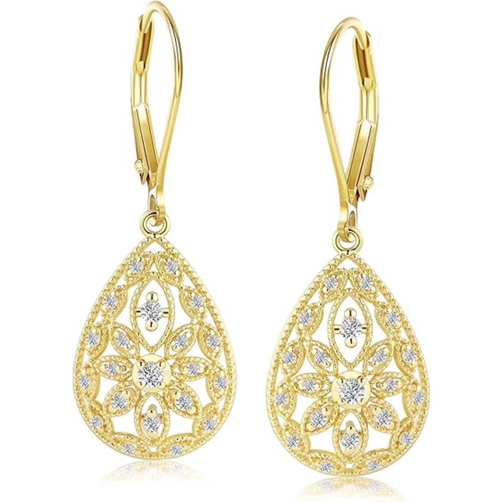 925 Sterling Filigree Teardrop Cubic Leverback Dangle Earrings for Women